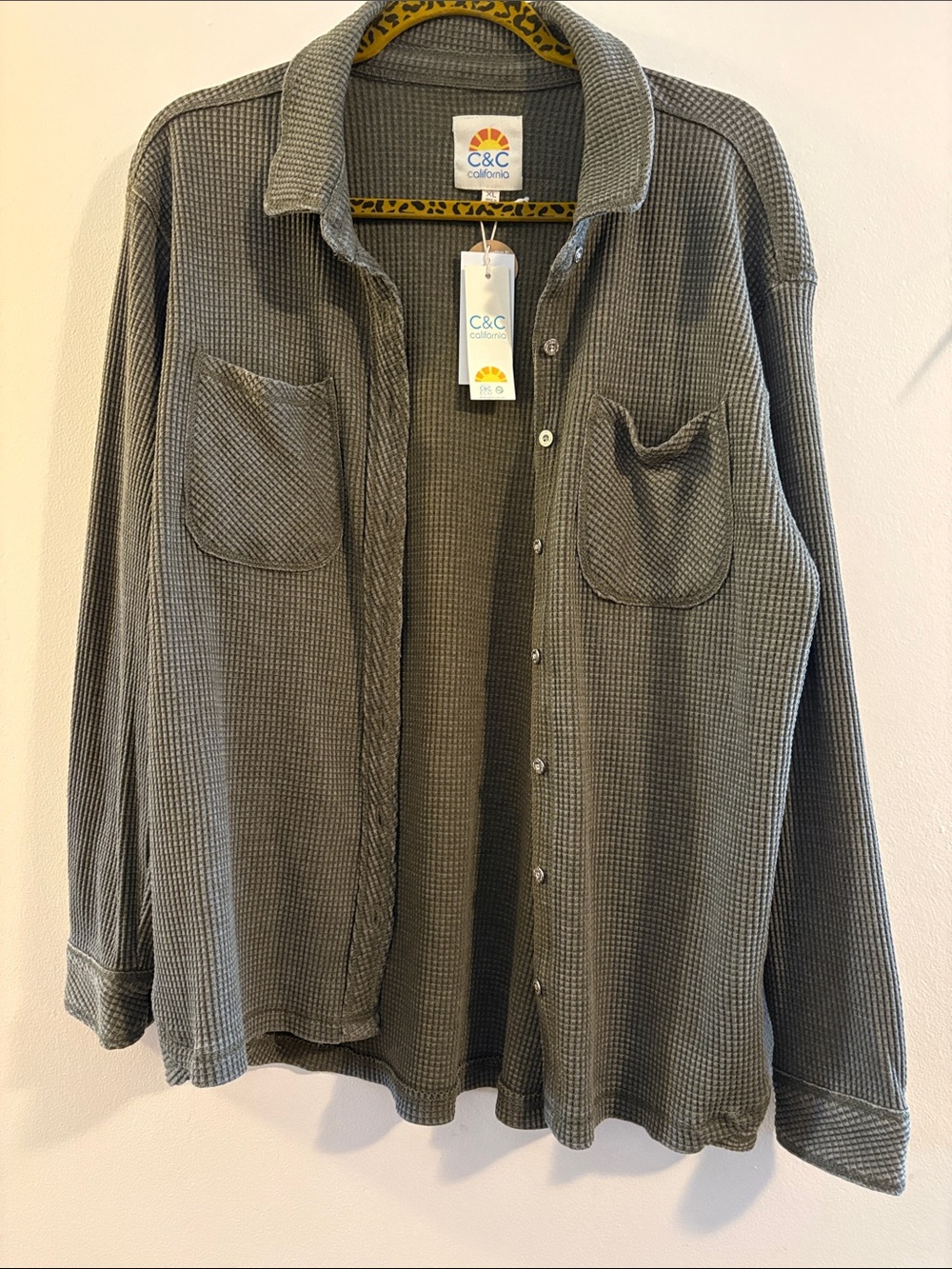 C&C California Waffle Knit Collared Button-Up Shirt/Shacket in olive green - XL